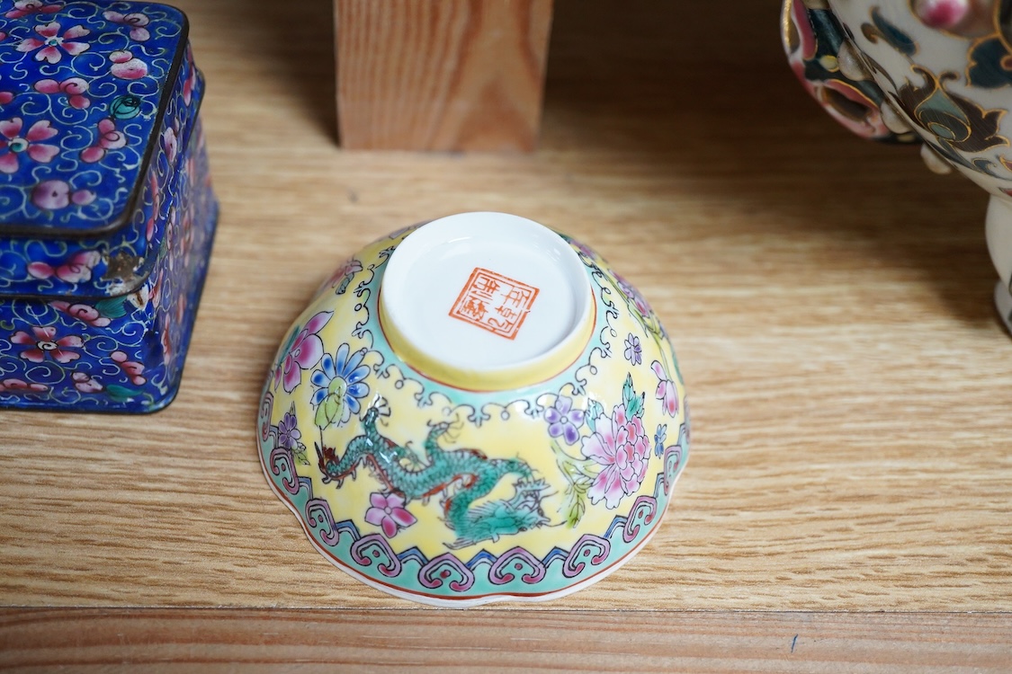 A pair of Chinese blue and white vases and covers and three other items, together with Japanese ceramics, cloisonné and Canton enamelware (11)